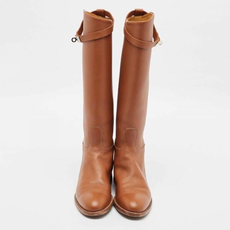 Pre Owned Hermes Brown Leather Kelly Jumping Knee Length Boots Size 39