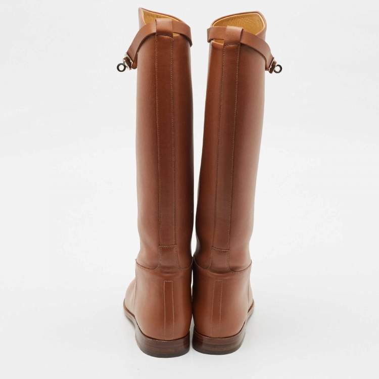 Pre Owned Hermes Brown Leather Kelly Jumping Knee Length Boots Size 39