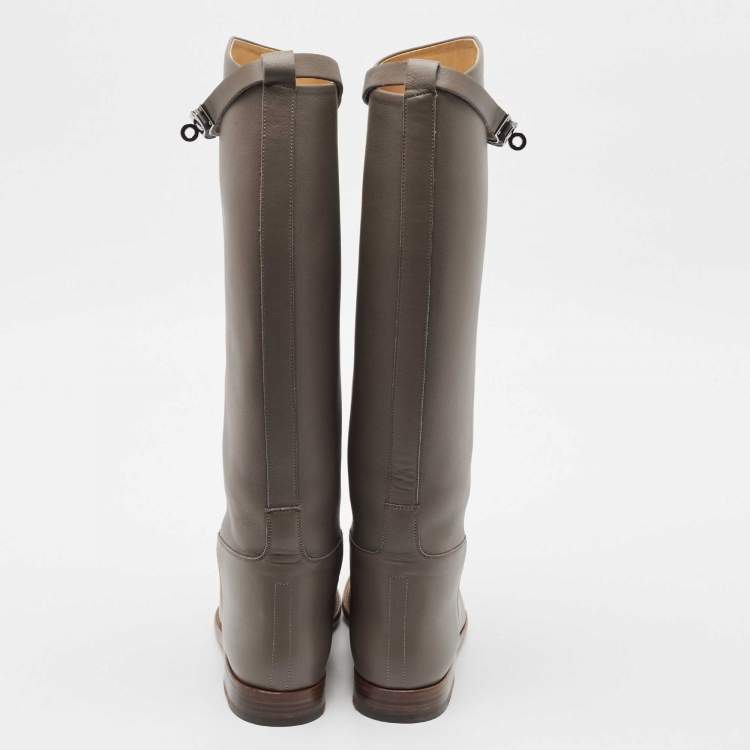 Pre Owned Hermes Grey Leather Kelly Jumping Knee Length Boots Size 39