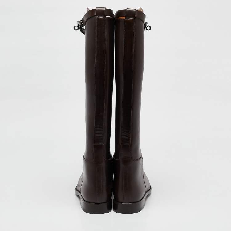 Pre Owned Hermes Dark Brown Leather Kelly Jumping Knee Length Boots Size 39.5