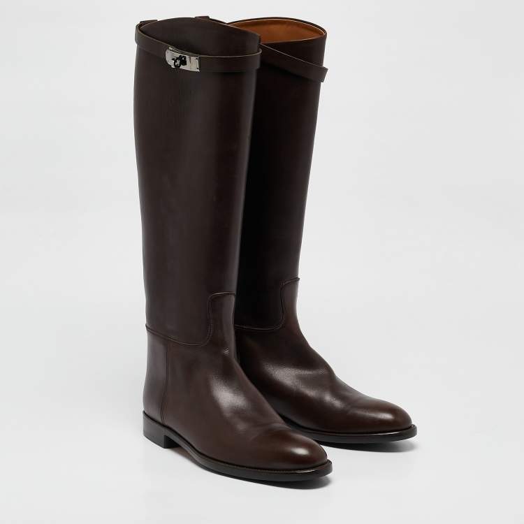 Pre Owned Hermes Dark Brown Leather Kelly Jumping Knee Length Boots Size 39.5