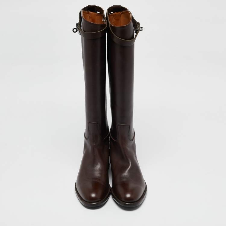 Pre Owned Hermes Dark Brown Leather Kelly Jumping Knee Length Boots Size 39.5