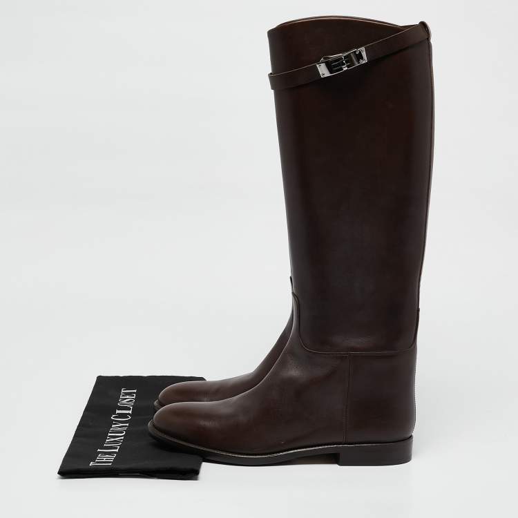 Pre Owned Hermes Dark Brown Leather Kelly Jumping Knee Length Boots Size 39.5