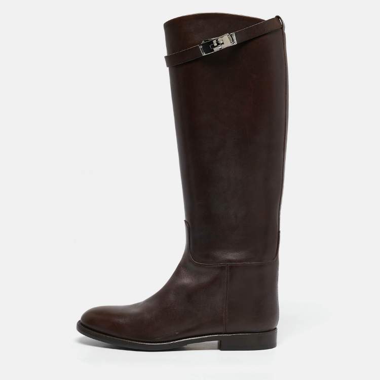 Pre Owned Hermes Dark Brown Leather Kelly Jumping Knee Length Boots Size 39.5