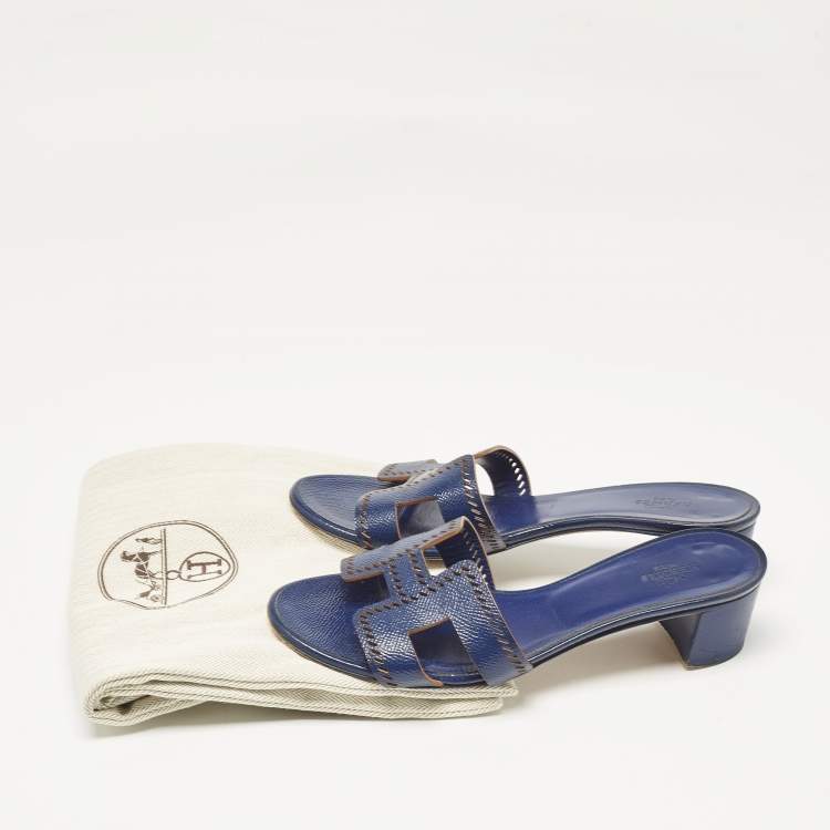 Pre Owned Hermes Navy Blue Patent Leather Perforated Oasis Slide Sandals Size 37