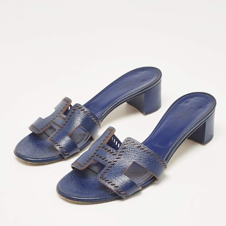 Pre Owned Hermes Navy Blue Patent Leather Perforated Oasis Slide Sandals Size 37
