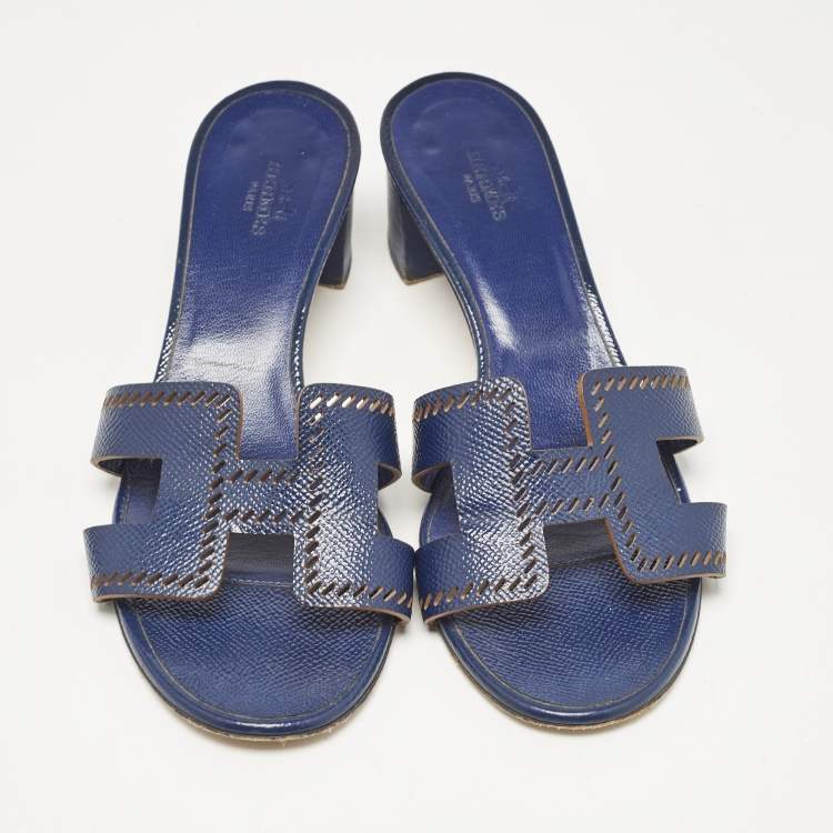 Pre Owned Hermes Navy Blue Patent Leather Perforated Oasis Slide Sandals Size 37
