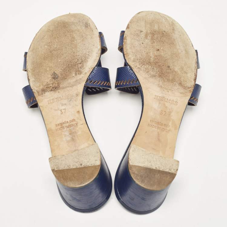 Pre Owned Hermes Navy Blue Patent Leather Perforated Oasis Slide Sandals Size 37
