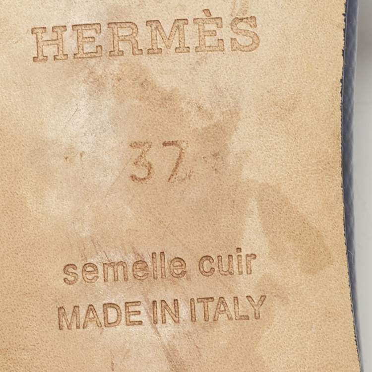 Pre Owned Hermes Navy Blue Patent Leather Perforated Oasis Slide Sandals Size 37