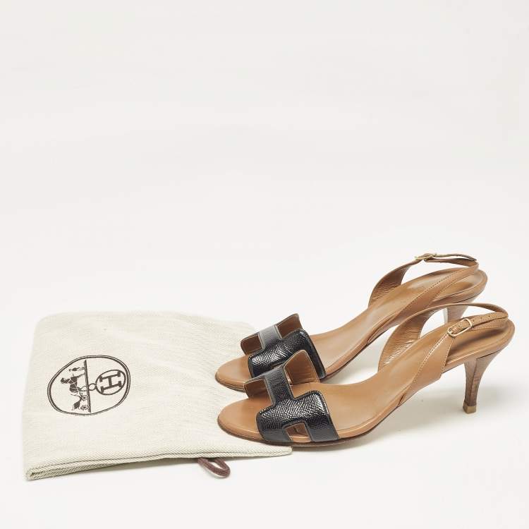 Pre Owned Hermes Brown/Black Leather and Patent Leather Night Slingback Sandals Size 37.5