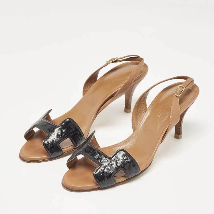 Pre Owned Hermes Brown/Black Leather and Patent Leather Night Slingback Sandals Size 37.5