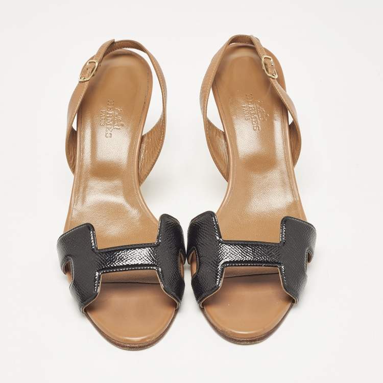 Pre Owned Hermes Brown/Black Leather and Patent Leather Night Slingback Sandals Size 37.5