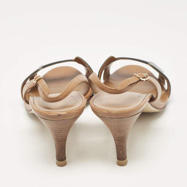 Pre Owned Hermes Brown/Black Leather and Patent Leather Night Slingback Sandals Size 37.5