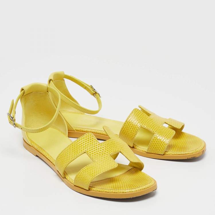 Pre Owned Hermes Yellow Lizard Santorini Ankle Strap Sandals Size 38.5