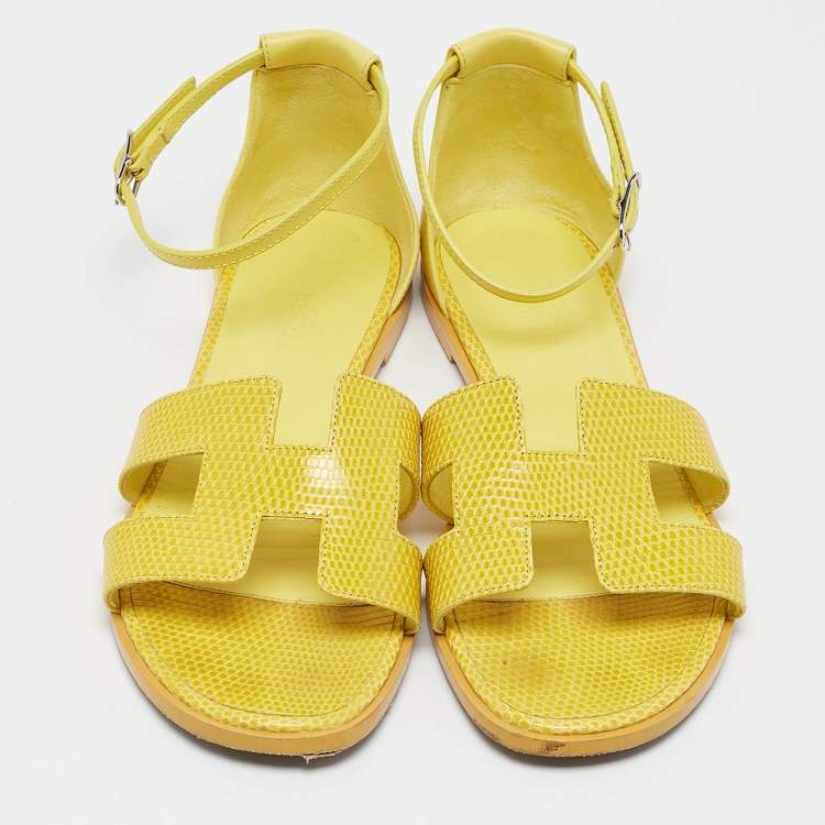 Pre Owned Hermes Yellow Lizard Santorini Ankle Strap Sandals Size 38.5