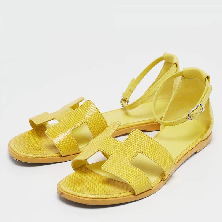 Pre Owned Hermes Yellow Lizard Santorini Ankle Strap Sandals Size 38.5