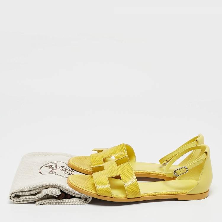 Pre Owned Hermes Yellow Lizard Santorini Ankle Strap Sandals Size 38.5