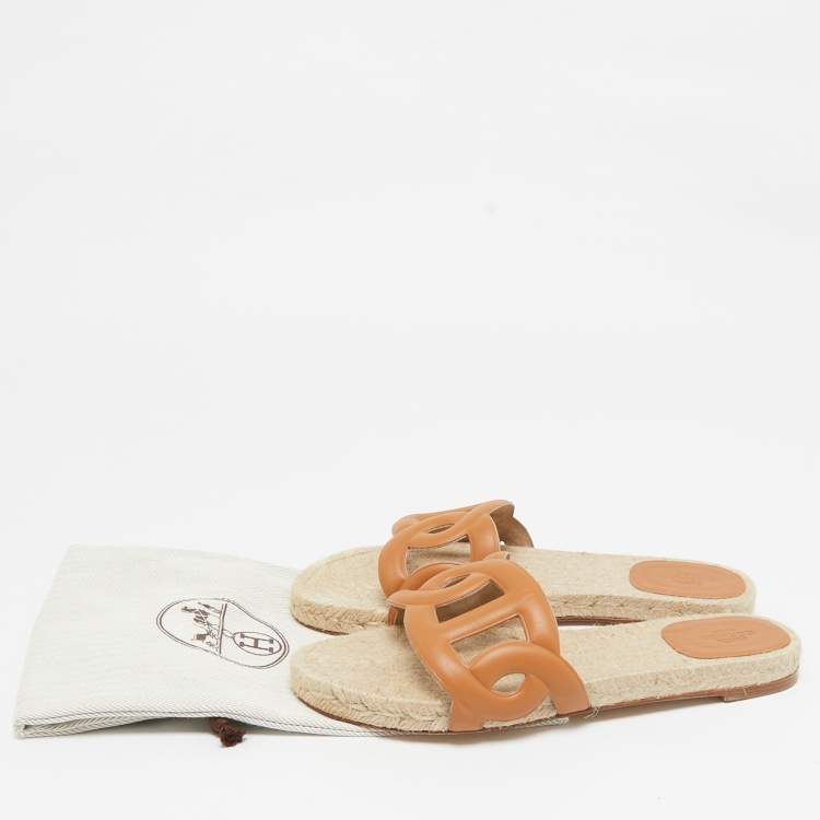Pre Owned Hermès Brown Leather Famosa Flat Slides Size 38