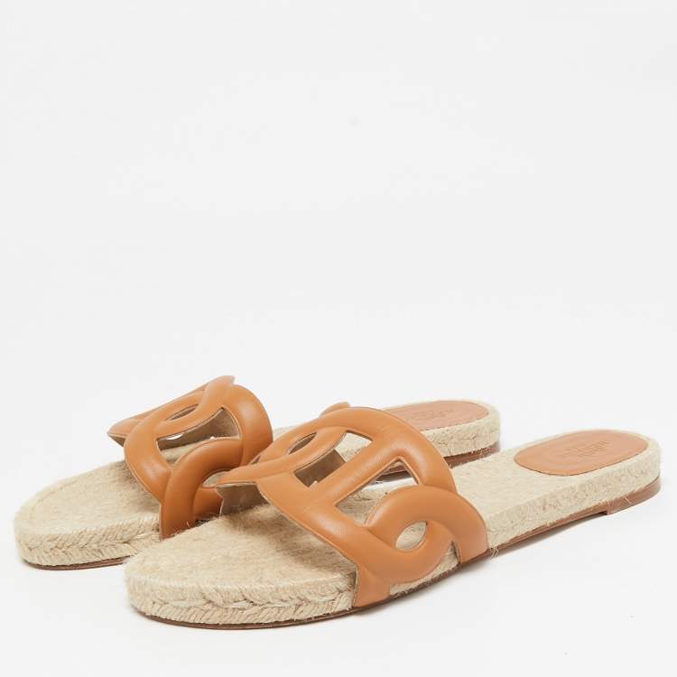 Pre Owned Hermès Brown Leather Famosa Flat Slides Size 38