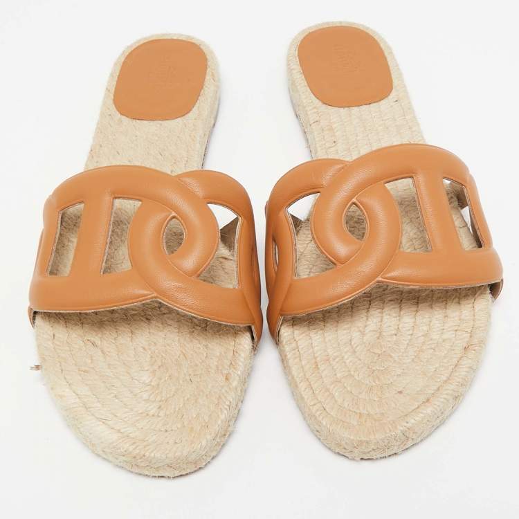 Pre Owned Hermès Brown Leather Famosa Flat Slides Size 38