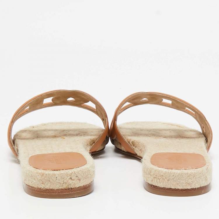 Pre Owned Hermès Brown Leather Famosa Flat Slides Size 38