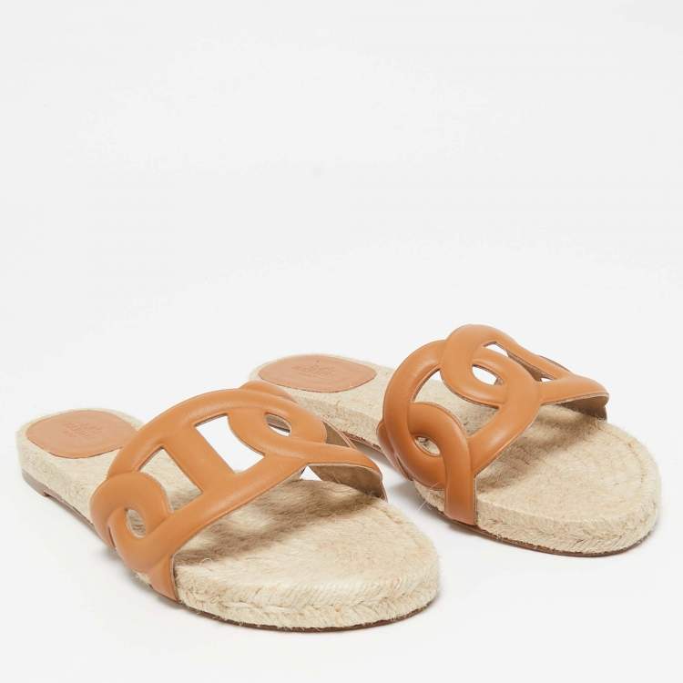 Pre Owned Hermès Brown Leather Famosa Flat Slides Size 38