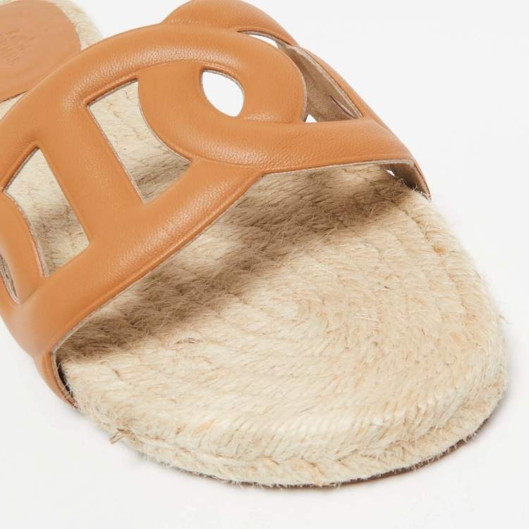 Pre Owned Hermès Brown Leather Famosa Flat Slides Size 38