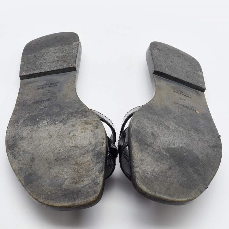 Pre Owned Hermes Black Patent Leather Oran Flat Slide Sandals Size 40