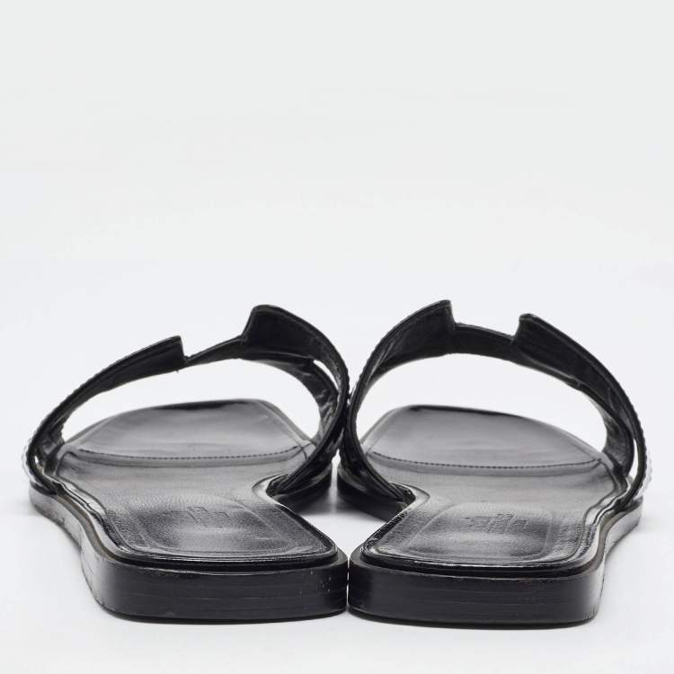 Pre Owned Hermes Black Patent Leather Oran Flat Slide Sandals Size 40