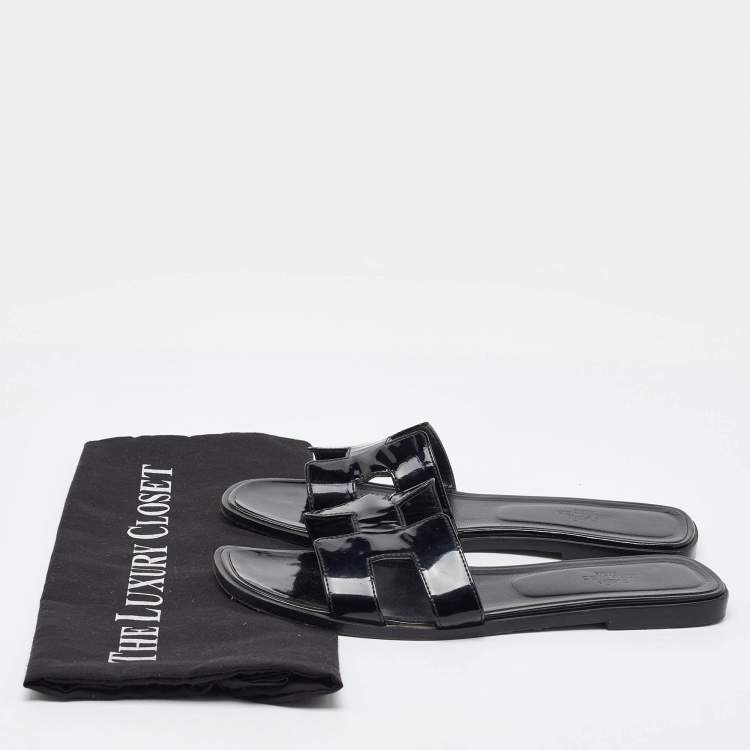 Pre Owned Hermes Black Patent Leather Oran Flat Slide Sandals Size 40