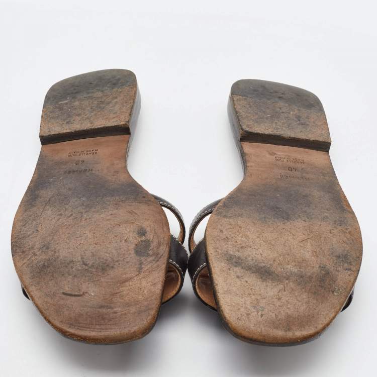 Pre Owned Hermes Dark Brown Leather Oran Flat Slide Sandals Size 40