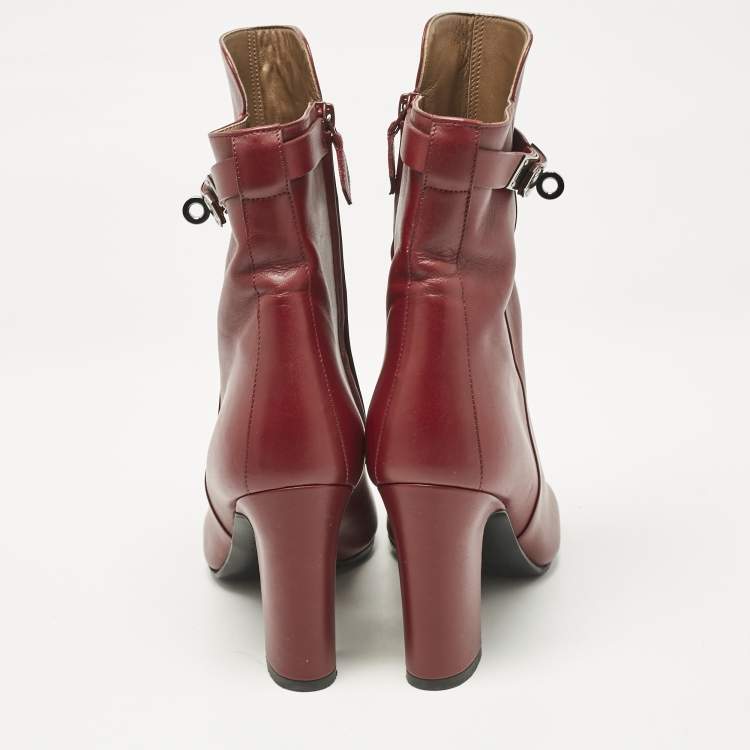 Pre Owned Hermès Burgundy Leather Joueuse Ankle Length Boots Size 38.5