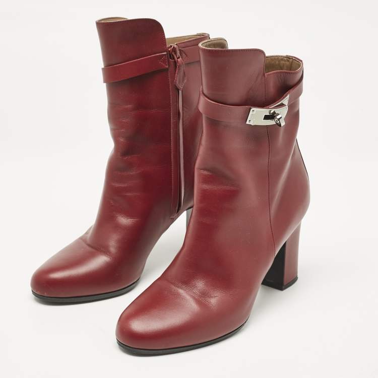 Pre Owned Hermès Burgundy Leather Joueuse Ankle Length Boots Size 38.5