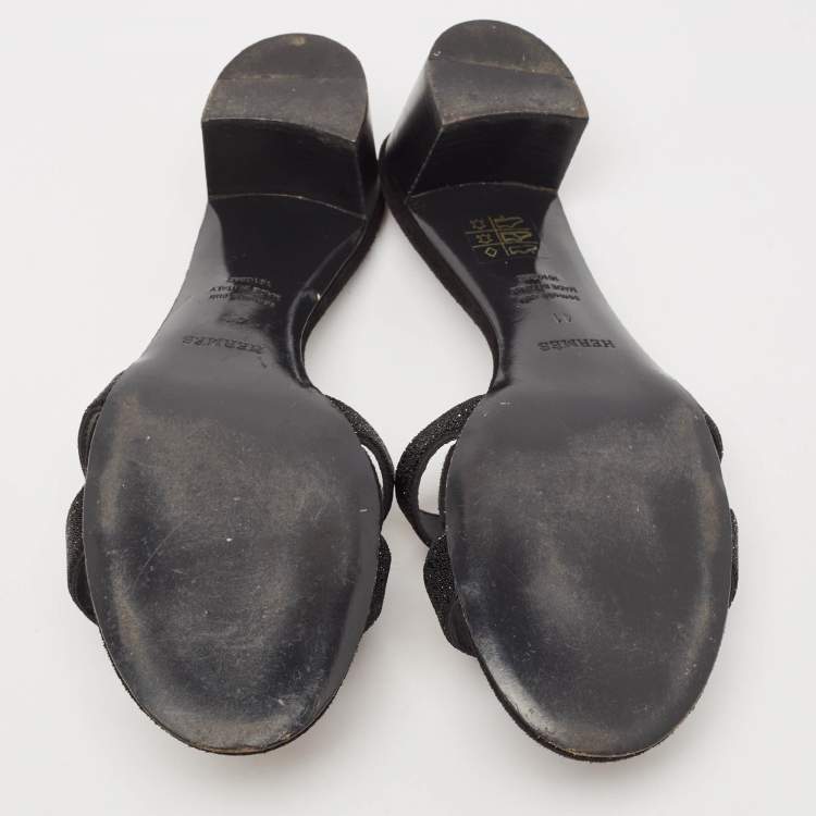 مملوكة مسبقًا Hermes Silver/Black Glitter and Suede Oasis Slide Sandals Size 41