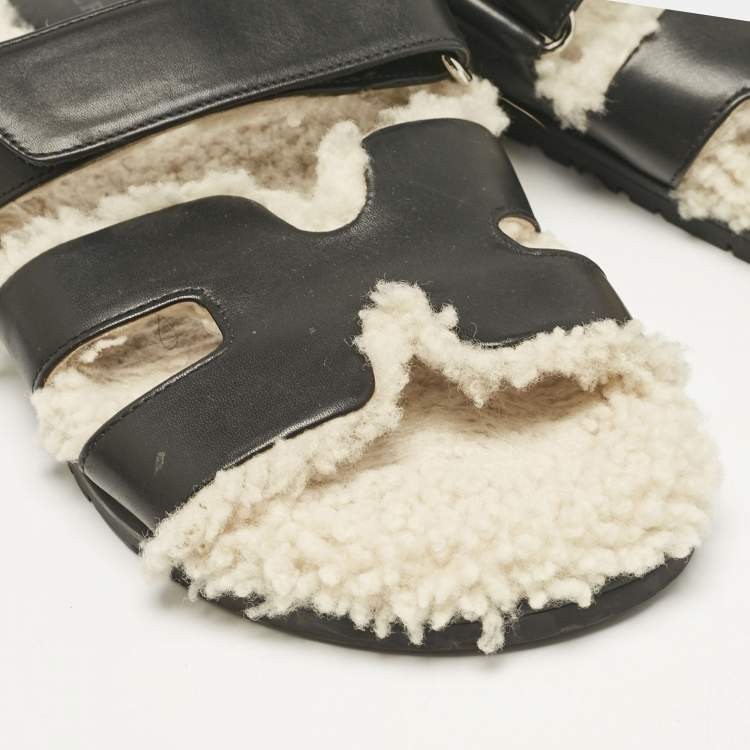 Pre Owned Hermes Black Shearling Fur and Suede Chypre Flat Sandals Size 40