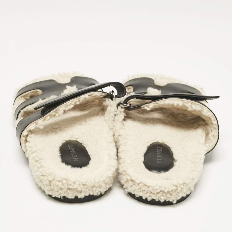 Pre Owned Hermes Black Shearling Fur and Suede Chypre Flat Sandals Size 40