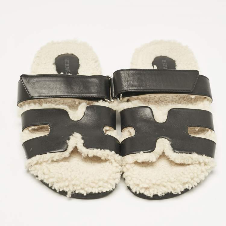 Pre Owned Hermes Black Shearling Fur and Suede Chypre Flat Sandals Size 40