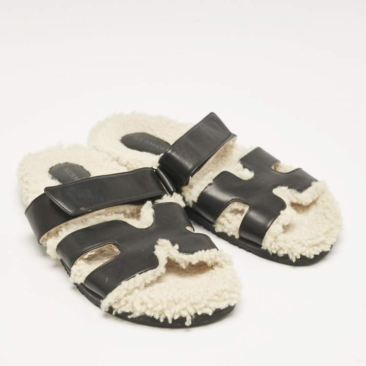 Pre Owned Hermes Black Shearling Fur and Suede Chypre Flat Sandals Size 40