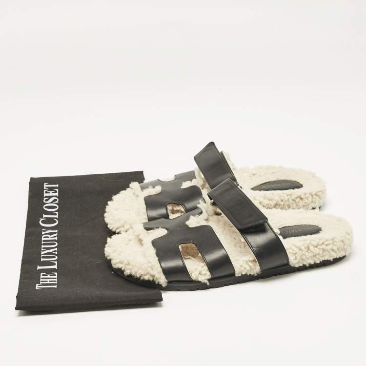 Pre Owned Hermes Black Shearling Fur and Suede Chypre Flat Sandals Size 40