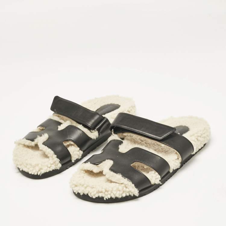 Pre Owned Hermes Black Shearling Fur and Suede Chypre Flat Sandals Size 40