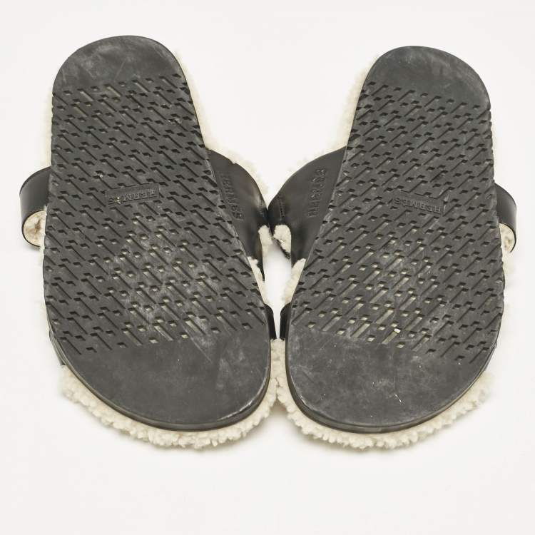Pre Owned Hermes Black Shearling Fur and Suede Chypre Flat Sandals Size 40