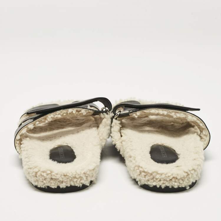 Pre Owned Hermes Black Shearling Fur and Suede Chypre Flat Sandals Size 40