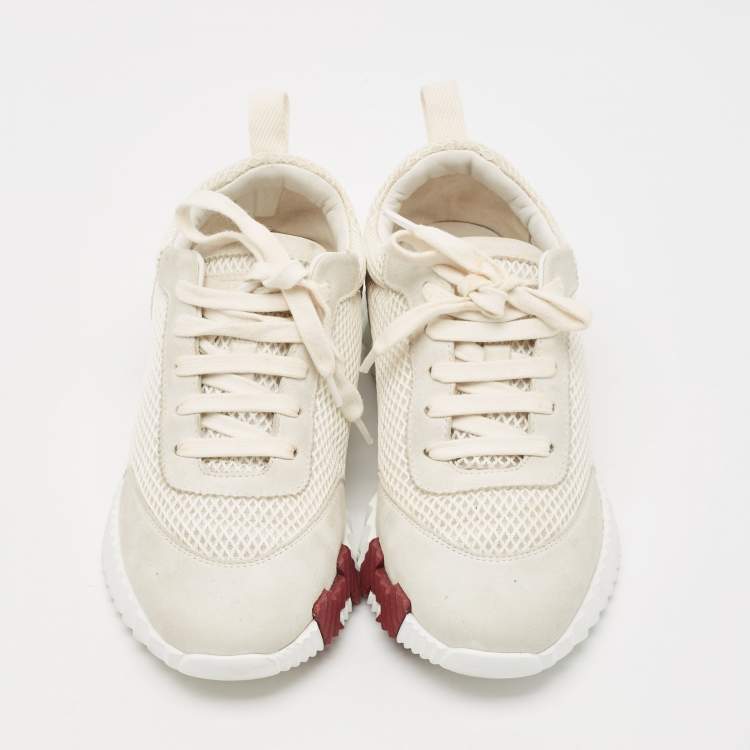 مملوكة مسبقًا Hermes White/Grey Suede and Mesh Bouncing Sneakers Size 38.5