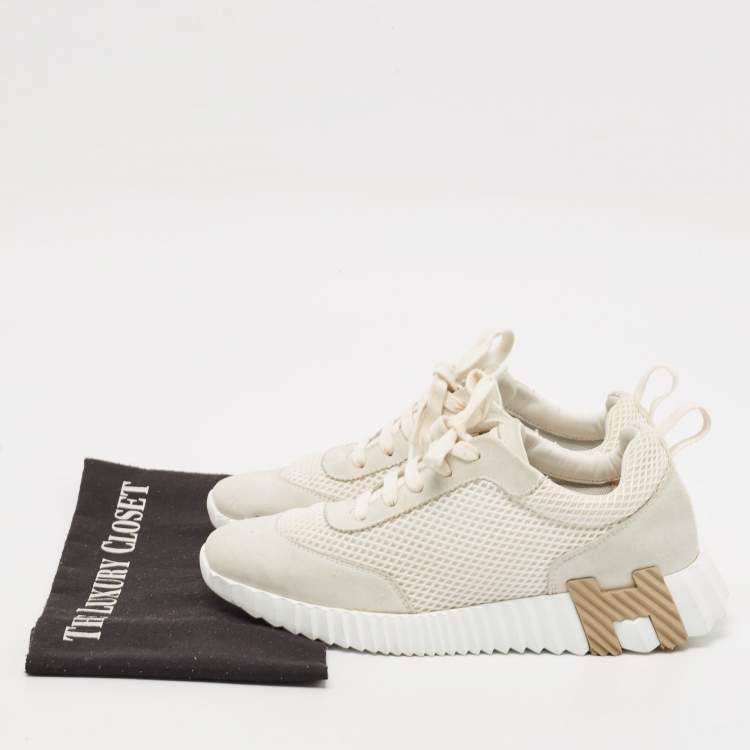 مملوكة مسبقًا Hermes White/Grey Suede and Mesh Bouncing Sneakers Size 38.5