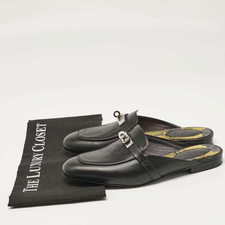 Pre Owned Hermes Black Leather Oz Flat Mules Size 38.5