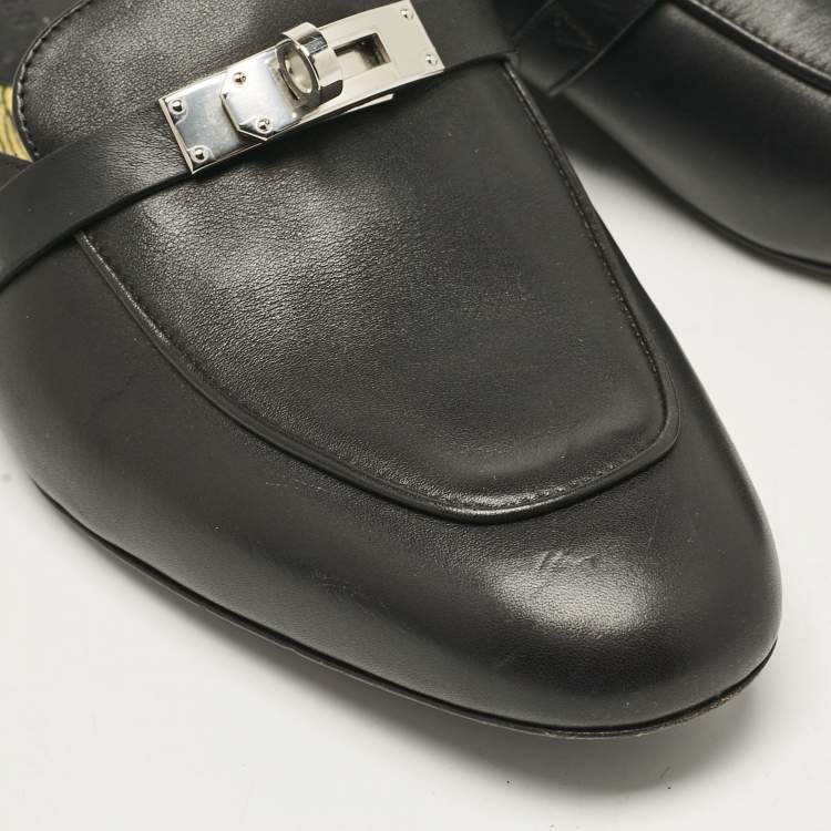 Pre Owned Hermes Black Leather Oz Flat Mules Size 38.5