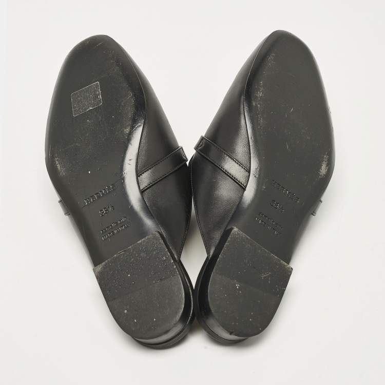 Pre Owned Hermes Black Leather Oz Flat Mules Size 38.5