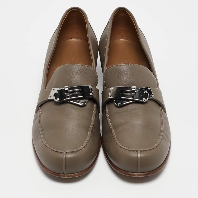 Pre Owned Hermes Grey Leather Kelly Loafers Size 37