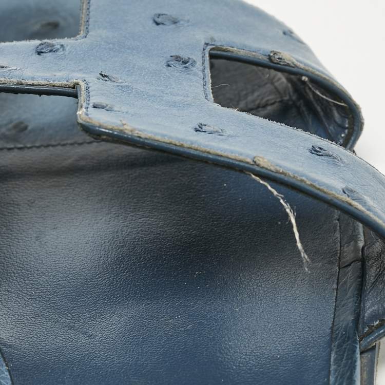 Pre Owned Hermes Blue Ostrich Leather Oran Flat Slide Sandals Size 40