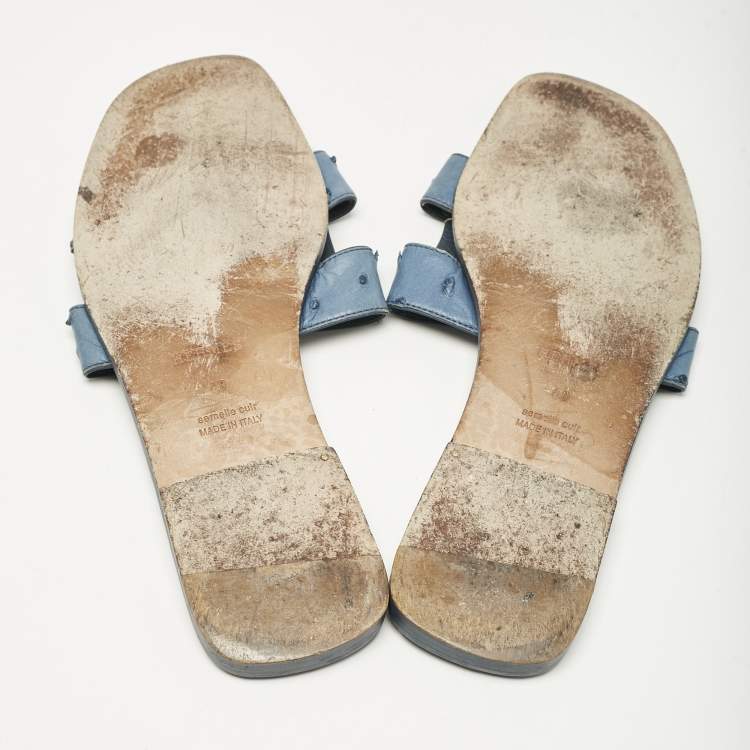 Pre Owned Hermes Blue Ostrich Leather Oran Flat Slide Sandals Size 40